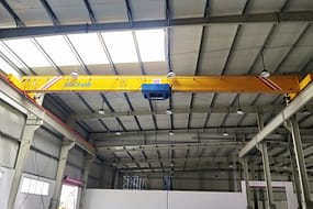  A yellow single girder overhead crane labeled DGCRANE with a capacity of 10 tons, installed within an industrial facility with skylights and structural steel beams