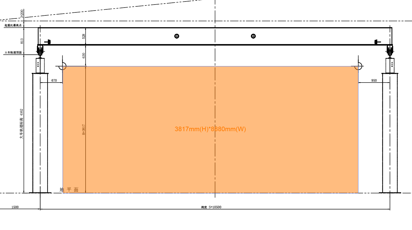 Jednonosníkový mostový jeřáb FEM může pokrýt rozsah šířky 8880 mm pro levou a pravou krajní polohu