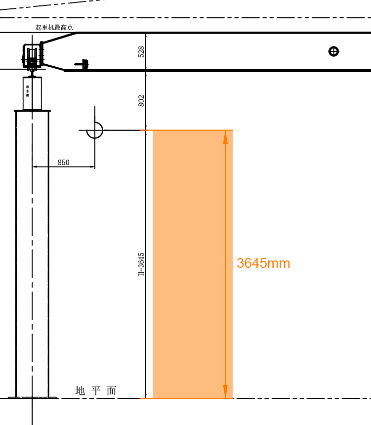 Die Hubhöhe des Einträger-Laufkrans mit geringer Bauhöhe beträgt 3645 mm