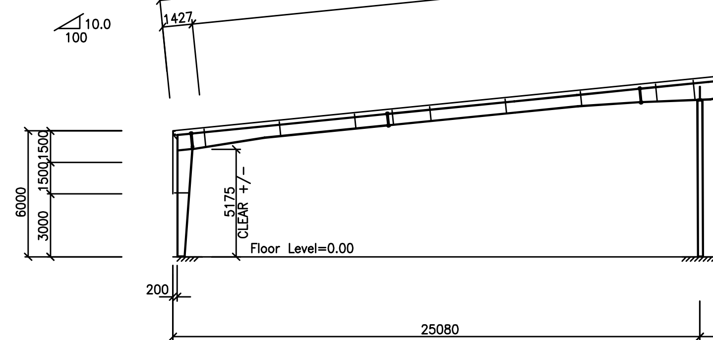 Workshop drawing of a single girder overhead crane to be fitted to a low rise factory building