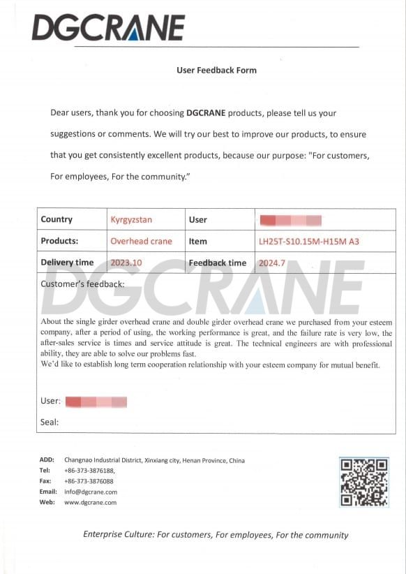 किर्गिज़स्तान में ग्राहकों के लिए एलएच 25 टी डबल गर्डर ओवरहेड क्रेन उत्तर पर्चियां