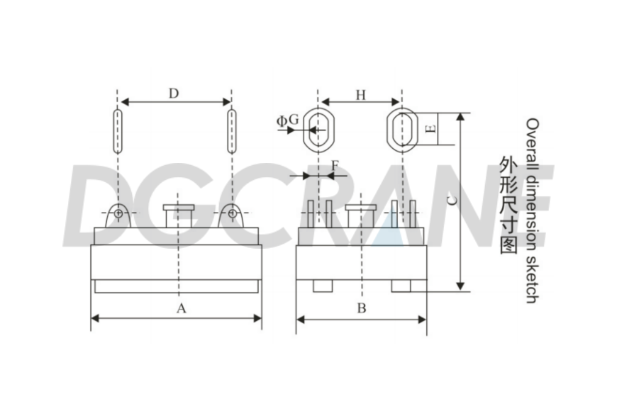 Rectangular Electromagnetic Lifting Magnets overall dimension sketch