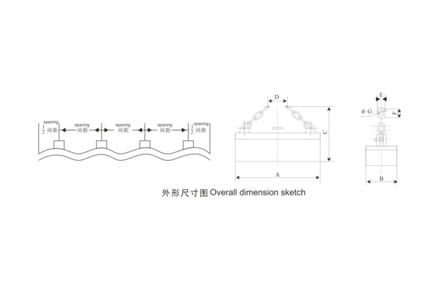 Strip shaped Electromagnetic Lifting Magnets overall dimension sketch watermarked